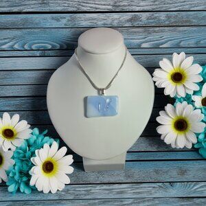 Abstract blue & white one of a kind festival style fused glass pendant necklace